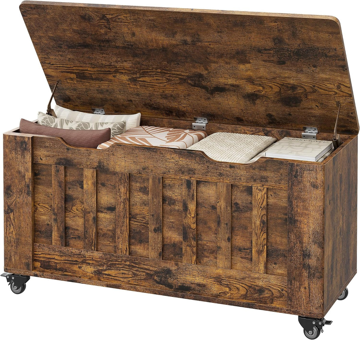 GarveeHome Storage Chest, 39.4" Wooden Storage Bench with 4 Wheels (Brown) | Blanket Chest with 2 Safety Hinges, Round Corner, Supports 350 LBS, Storage Trunk for Entryway, Living Room, Bedroom