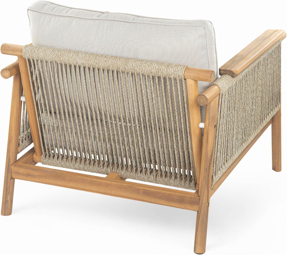 Merax Outdoor Acacia Wood Lounge Chair w/Cushions Set of 2, Patio Club Chair with Rope & Sturdy Wood Legs, All-Wearther Singe Sofa Chair for Porch, Lawn, Backyard, Balcony, Teak+ Beige