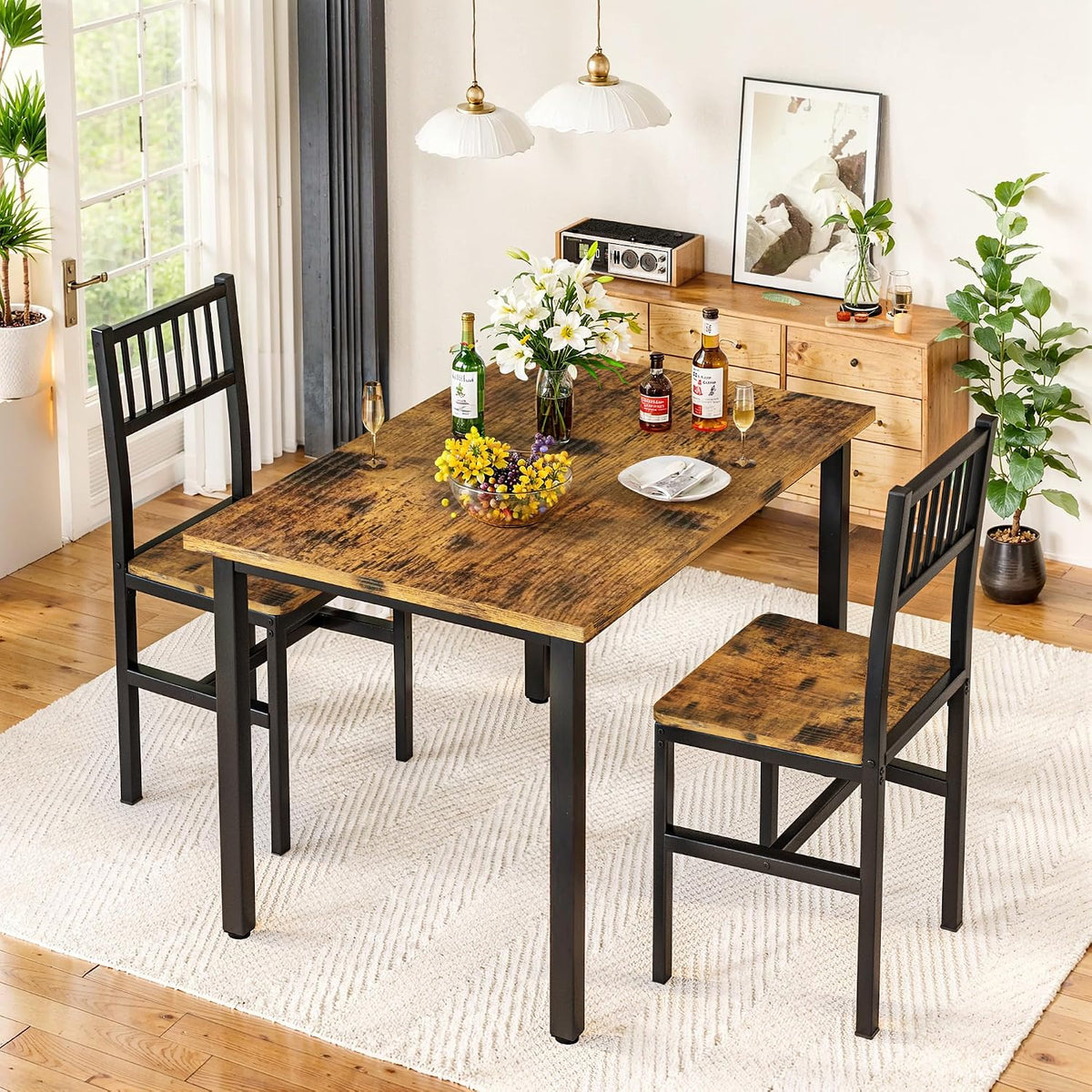 3 Piece Dining Table Set for 2, Small Wooden Kitchen Table Set with Chairs, Space Saving Breakfast Nook Table and Chairs Set of 2, Modern Dinette Set for Dining Room, Apartment, Small Space, Brown