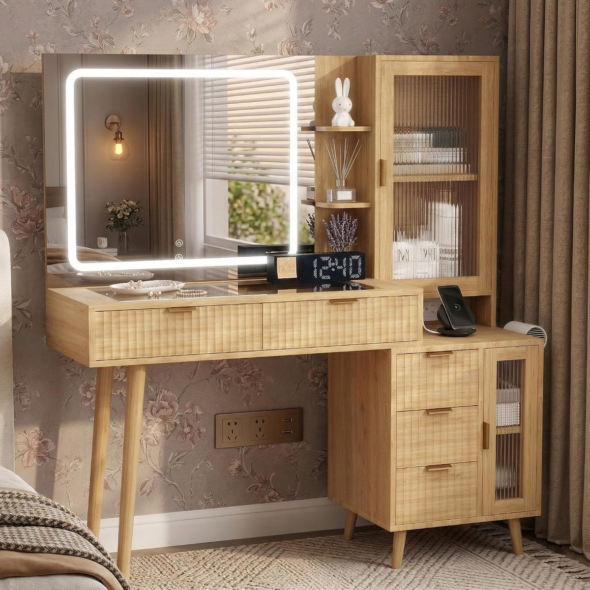 49" Wooden Vanity Desk with Mirror and Lights, Fluted Boho Makeup Vanity Table with Modern Glass Top, Charging Station, 5 Drawers, 2 Cabinet with Adjustable Shelves, Light Wood