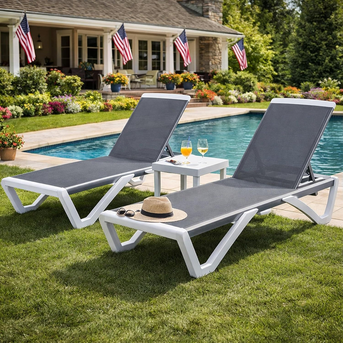 Kozyard 3-Piece Outdoor Chaise Lounge Set Fully Flat Adjustable Lounger | Aluminum Frame & Resin Legs, Textilene Fabric for Poolside, Backyard & Beach Gray, 2 Chairs + Table
