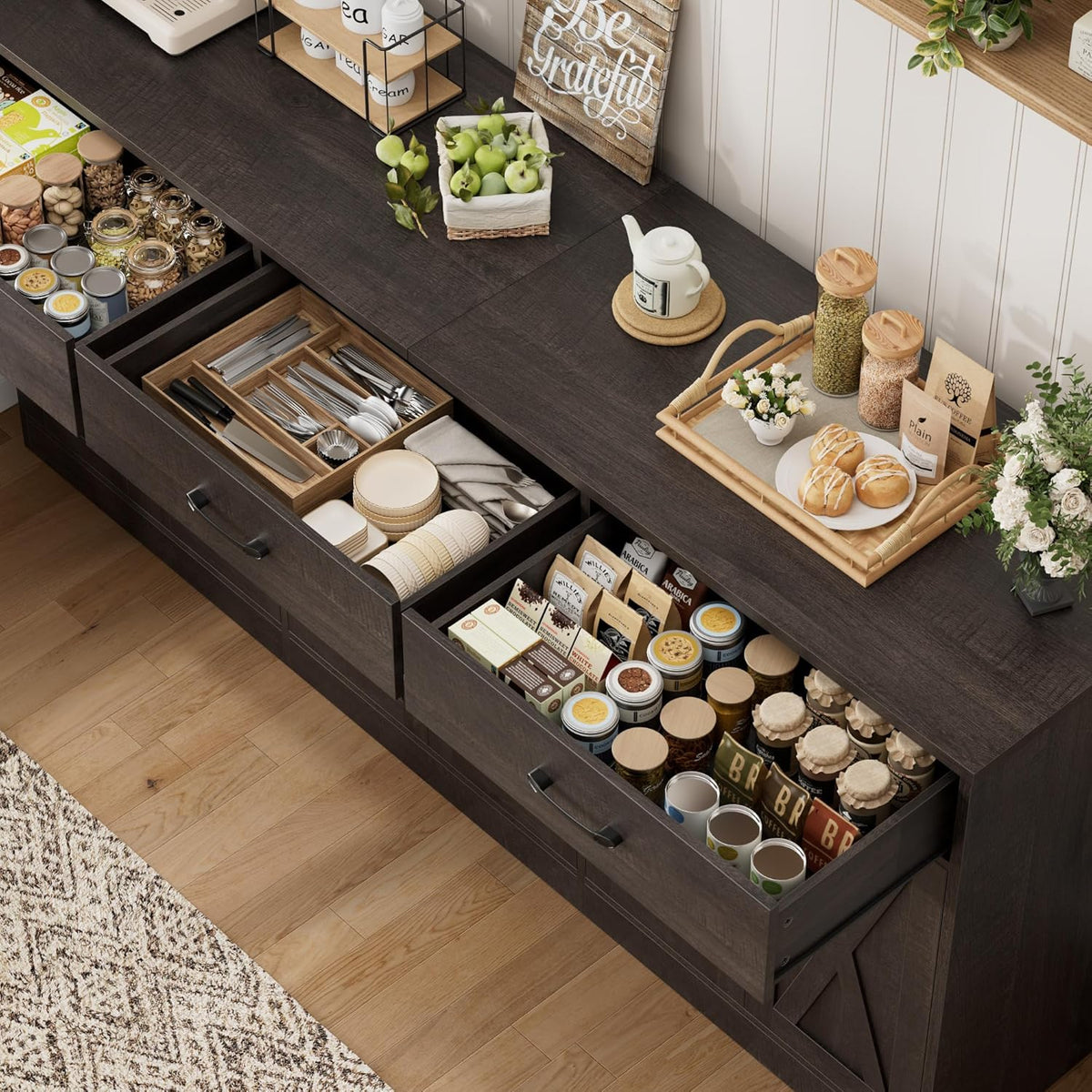 HOSTACK 71"W Farmhouse Kitchen Sideboard Buffet Cabinet with Storage, Brown
