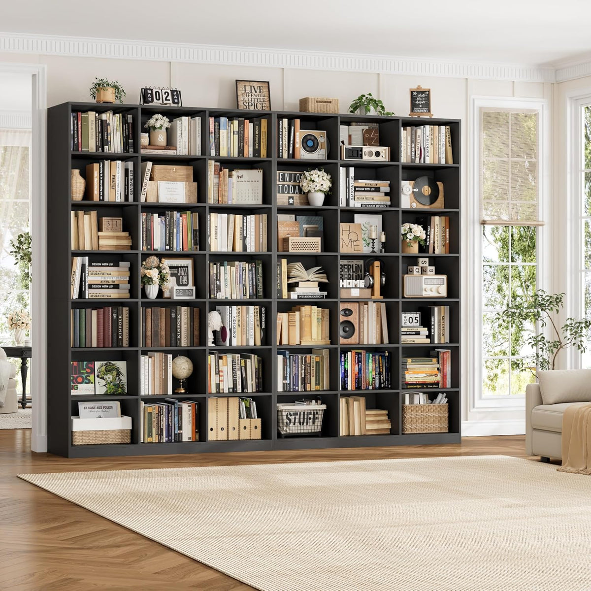 HOSTACK 86" H Triple Wide Bookshelf and Bookcase, Large Book Shelves, Black