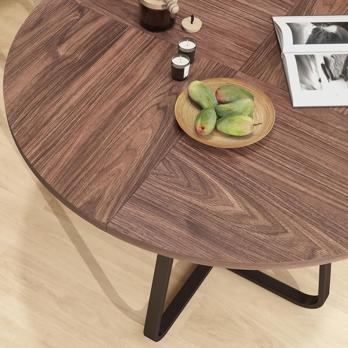 43.31'' Round Dining Table, Wood Kitchen Table with Metal X-Shaped Base, Kitchen Dining Room Circle Dinner Pedestal Table, Space Saving Industrial Circle Coffee Table for Home Living Room Furniture