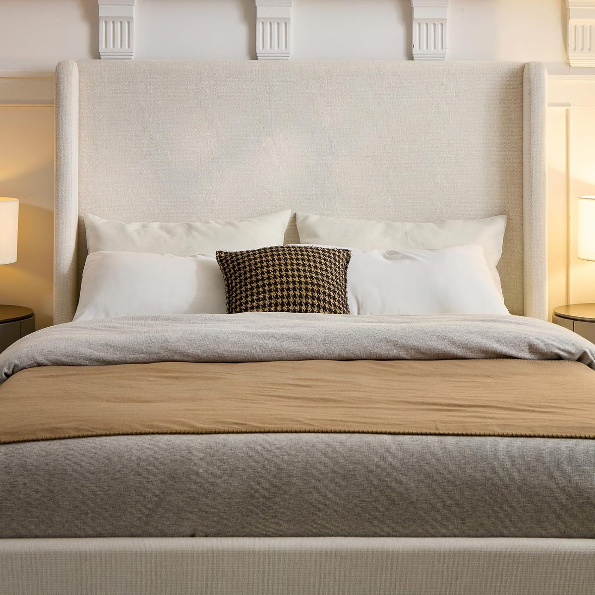 52" Extra-Tall Wingback Bed Frame California King - Luxury Textured Ivory Canvas Chenille Upholstered Platform Bed, 1000lbs Heavy Duty, Box Spring Not Required (California King)
