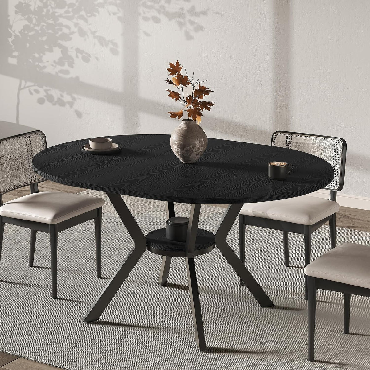 42"-58" Extendable Round Dining Table with Built-in Flip Leaf, Modern Oval Kitchen Table for 4-6, Space-Saving Small Room Furniture with Storage Shelf and X-Shaped Metal Base for Kitchen, Dining Room