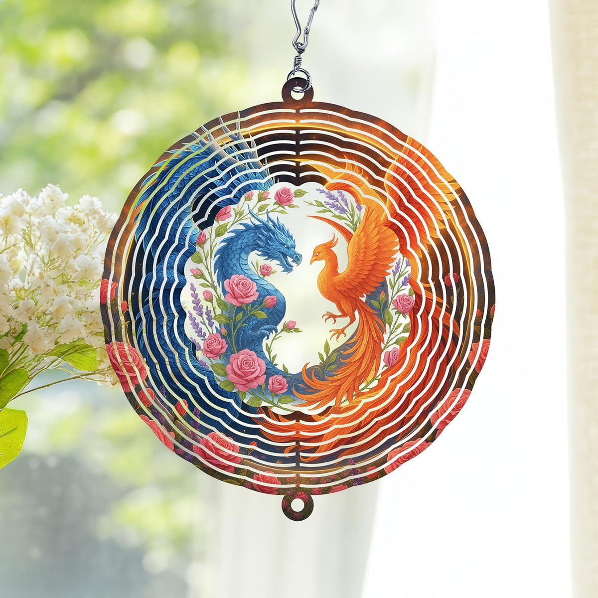Personalized Dragon & Phoenix Wind Spinner 3D Stainless Steel, Dragon Garden Spinner Hanging Outdoor Decor, Wind Spinners Outdoor, Custom Gift for Grandmother, Mom, Wife