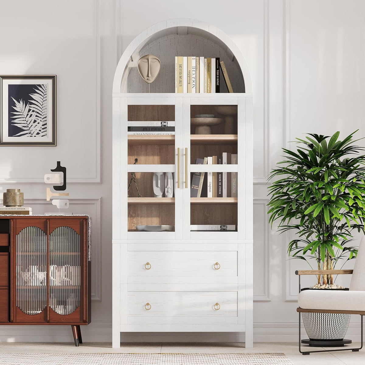 roomfitters 71" Pantry Cabinet with Arched Top and Glass Doors, 2 Storage Drawers and Adjustable Shelves for Kitchen, White