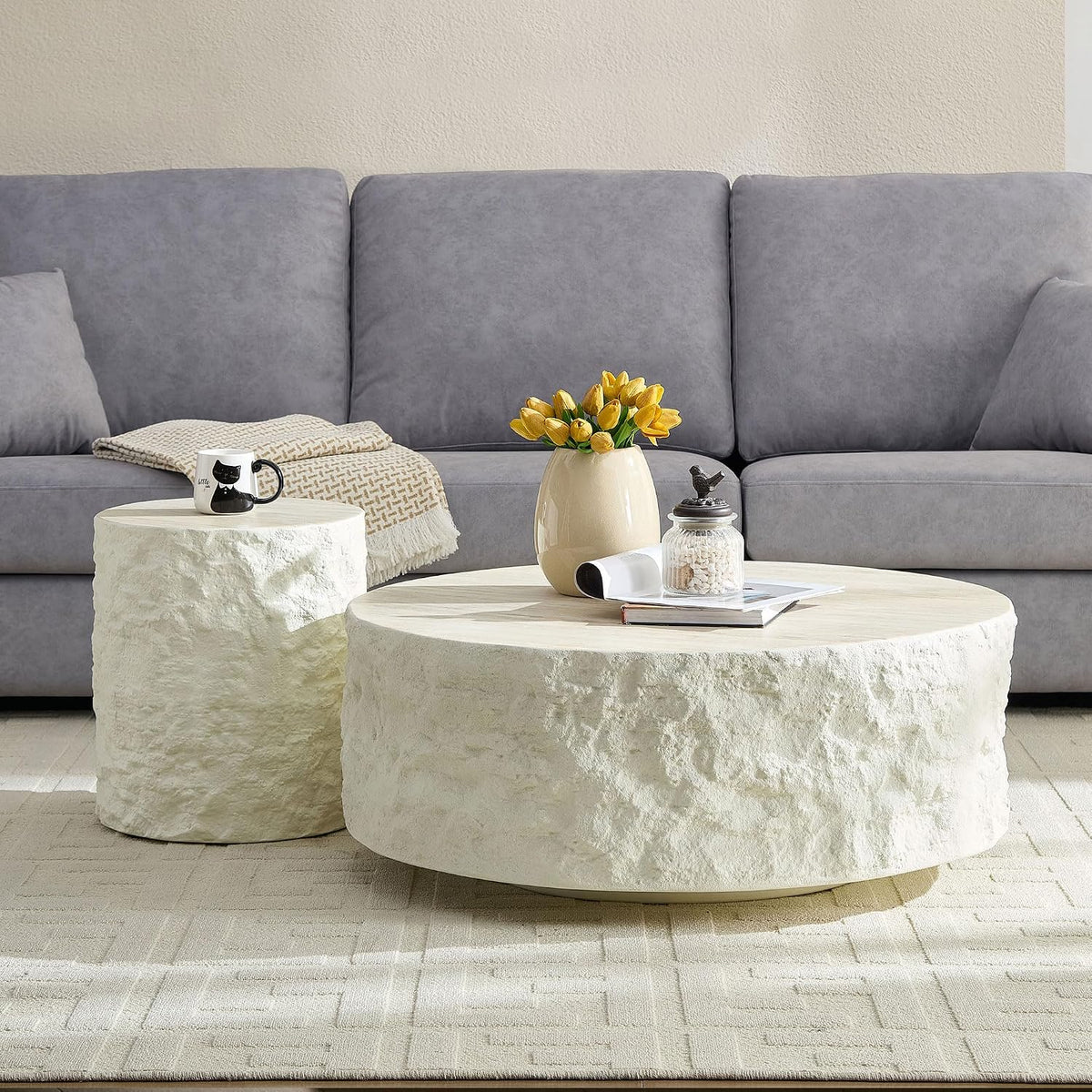 Round Side Table End Table for Living Room, Modern Contemporary Faux Stone Style Fiberglass Material, No Assembly (Beige, ø15.7'' x 17.7'')