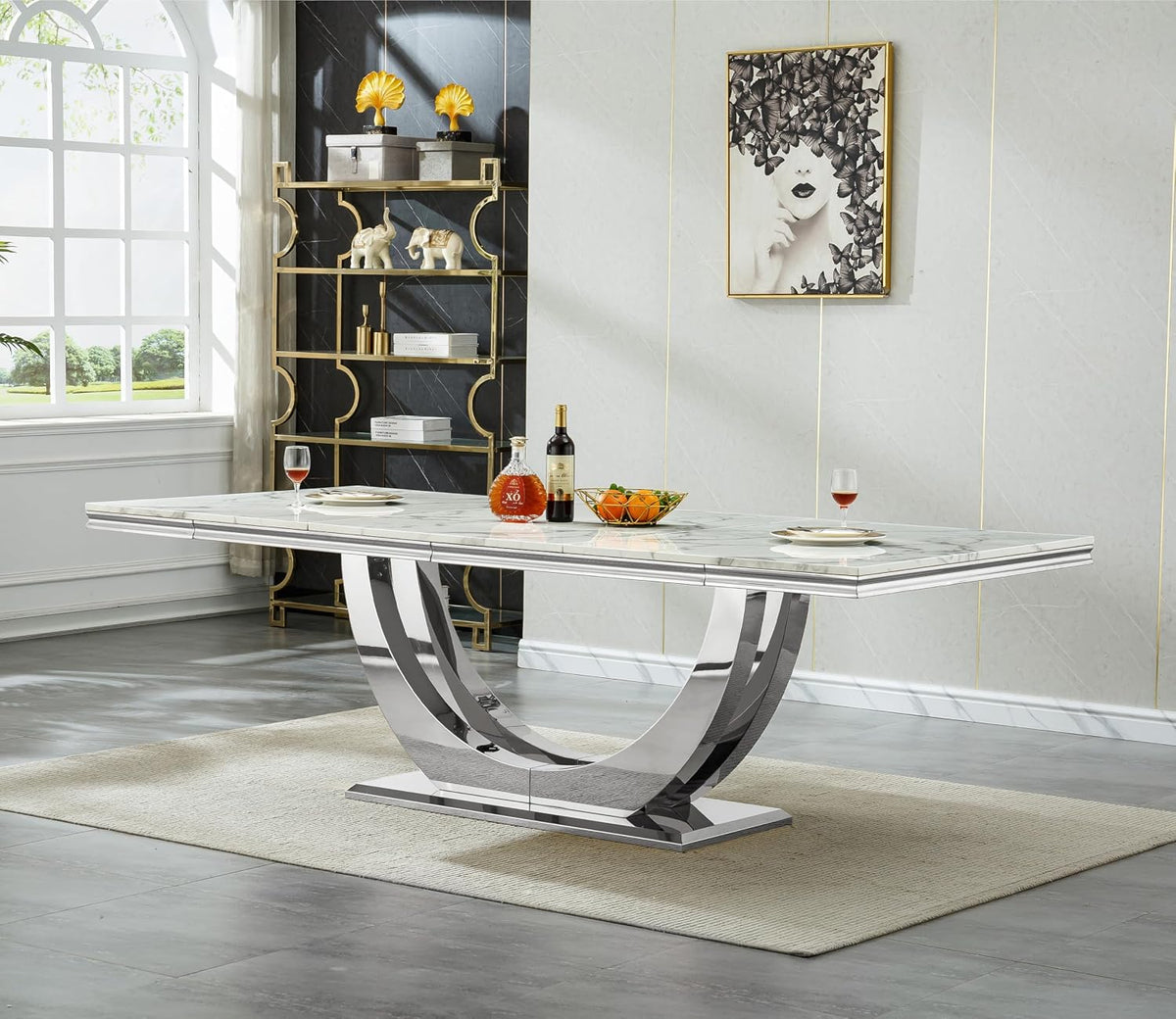 94.5" Large Dining Table for 10-12 People, Modern White Rectangle Kitchen Dinner Table w/Faux Marble Top&Silver Steel U-Base, Extral Long Dining Room Tables for Kitchen Living Room