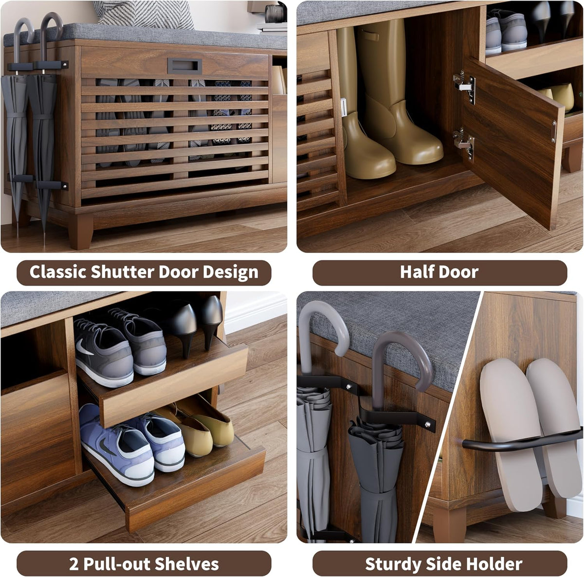 Loomie 47.2" Shoe Storage Bench with Flip Drawer, 2-Tier Entryway Bench with Padded Seat Cushion & 2 Pull-out Shelves & Semi-open storage, Shoe Rack Bench with Side Holder for Hallway,Bedroom (Walnut)