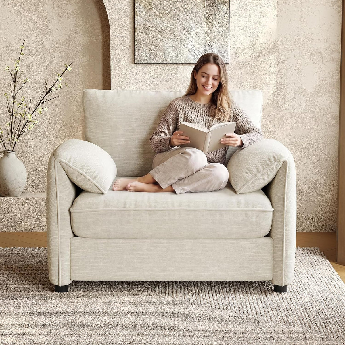 ONBRILL Oversized Accent Chair, 41 Inch Chenille Fabric Armchair, Beige | Comfy Single Sofa Chair with Padded Arms, Pocket Spring Cushion, Modern Reading Chair for Living Room, Bedroom, Apartment