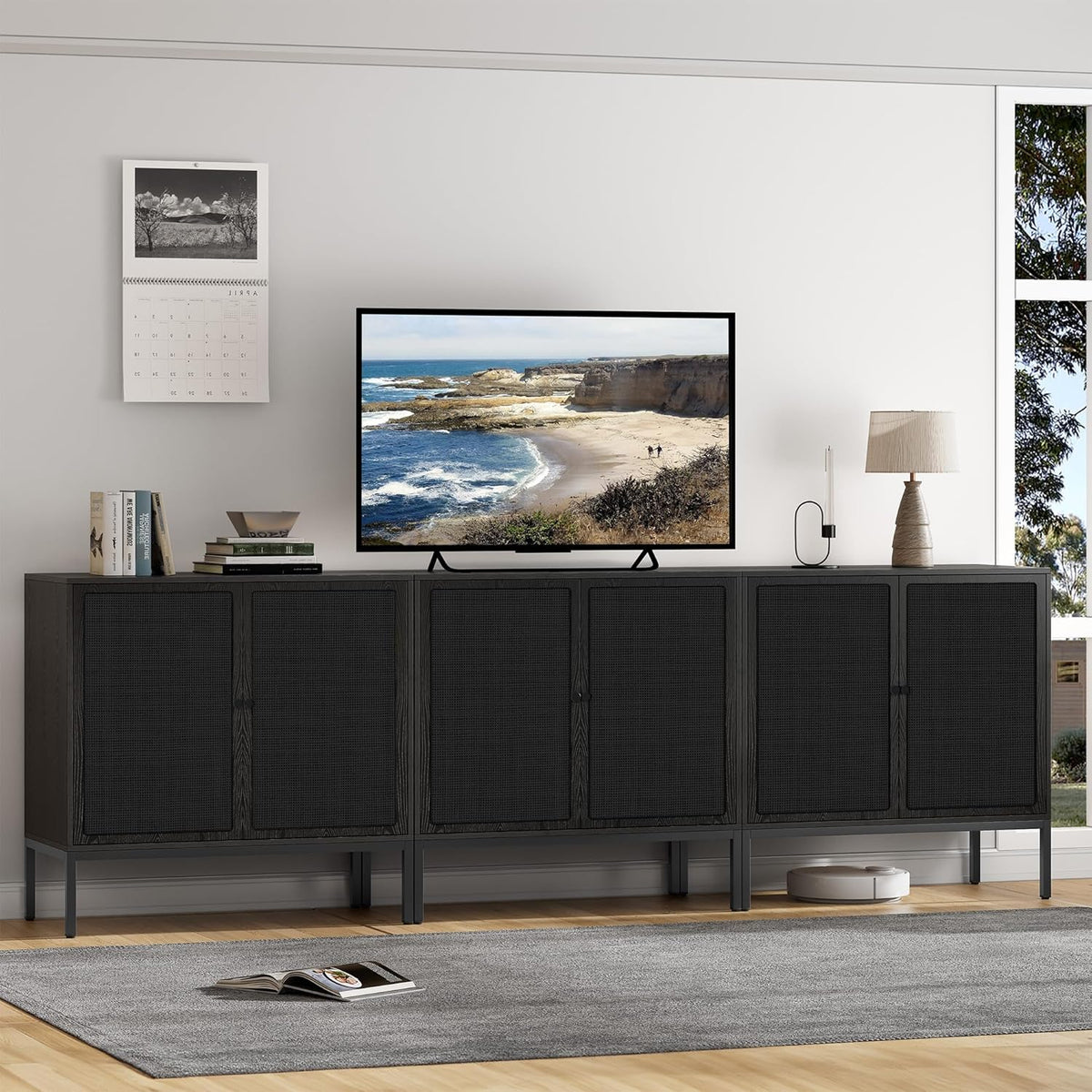 Brafab Black Sideboard Buffet Cabinet with Natural Rattan Decorated Doors, 31.5" W Rattan Credenza Storage Cabinet, Boho Cabinet for Living Room, Entryway, Dining Room/Square Doors