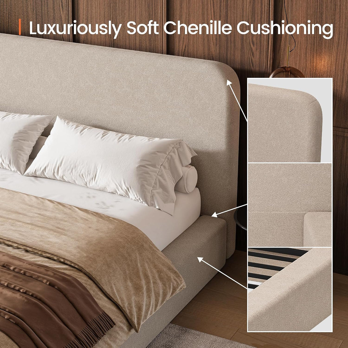 LARMACE King Upholstered Platform Bed Frame with Padded Headboard