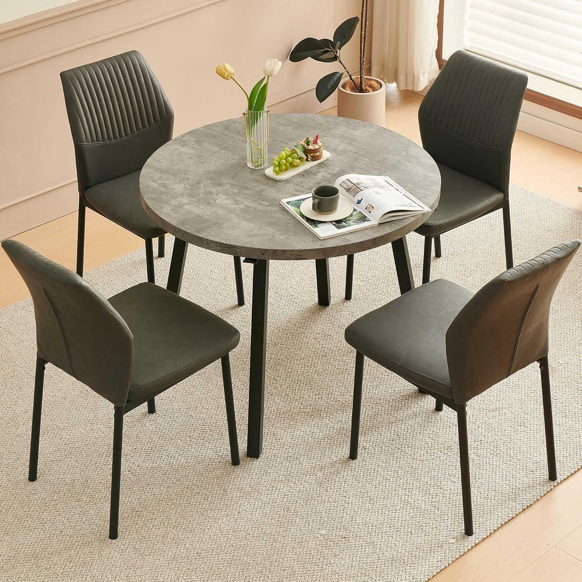 Modern Dining Chairs Set of 4, PU Leather Comfortable Upholstered Dining Room Kitchen Side Chair with Black Metal Legs for Living Room Restaurant, Waterproof, Space-Saving (Grey)