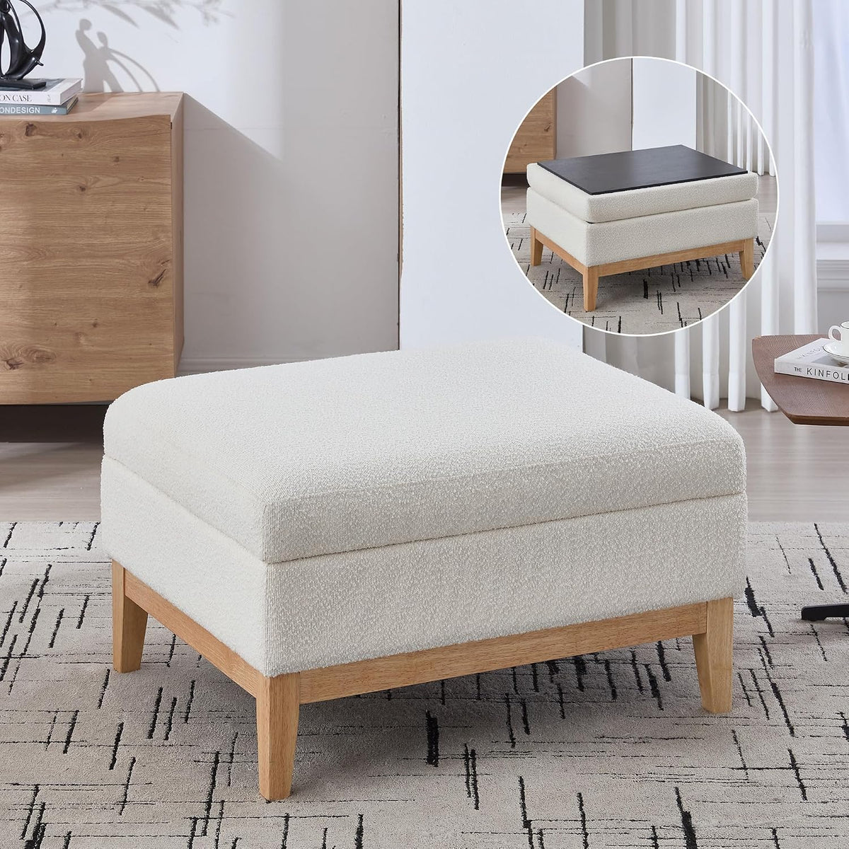 Setawix 33.86" Large Storage Ottomans for Living Room,Boucle Upholstered Ottoman Coffee Table with Tray,Mid Century Modern Ottoman Seat with Storage Footrest for Bedroom (Ivory+Natural Legs)