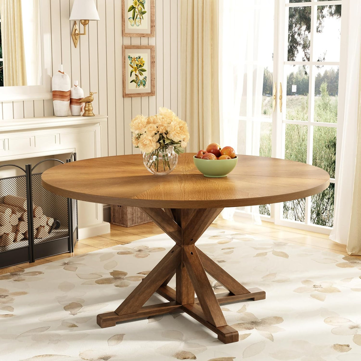 59" Solid Wood Round Dining Table for 6-8 People, Wooden Pedestal Base, Farmhouse Round Dining Room Table for Home Dining Room, Kitchen, Living Room