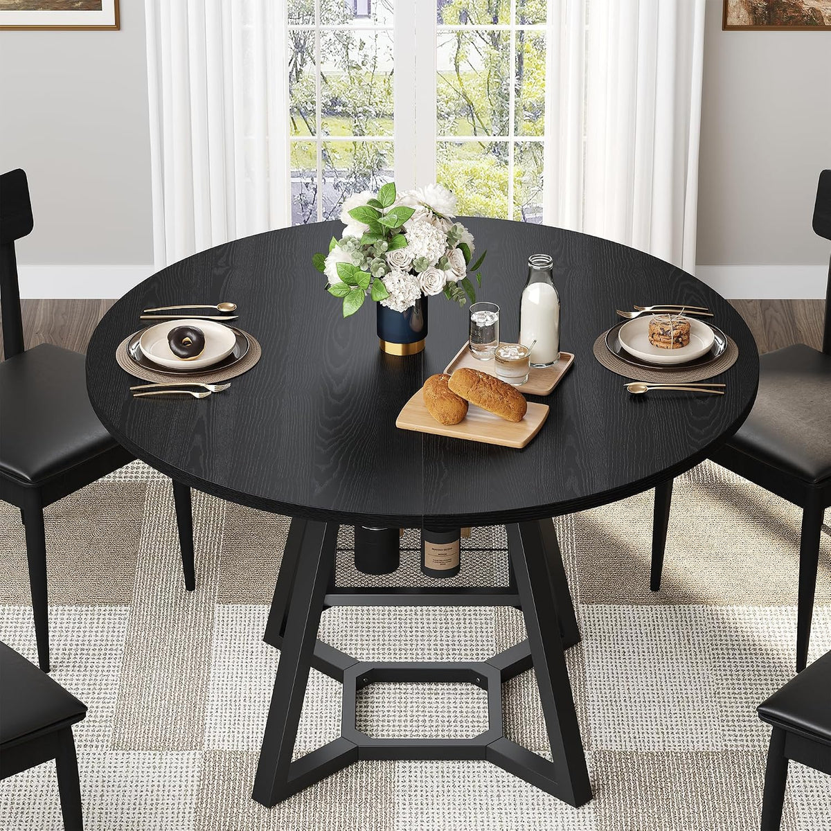 knoworld 43" Round Dining Table for 4, Kitchen Tables Dining Room Circle Dinner Table with Pedestal Metal Frame, Space Saving Wood Industrial Kitchen & Dining Room Tables, Black 43In
