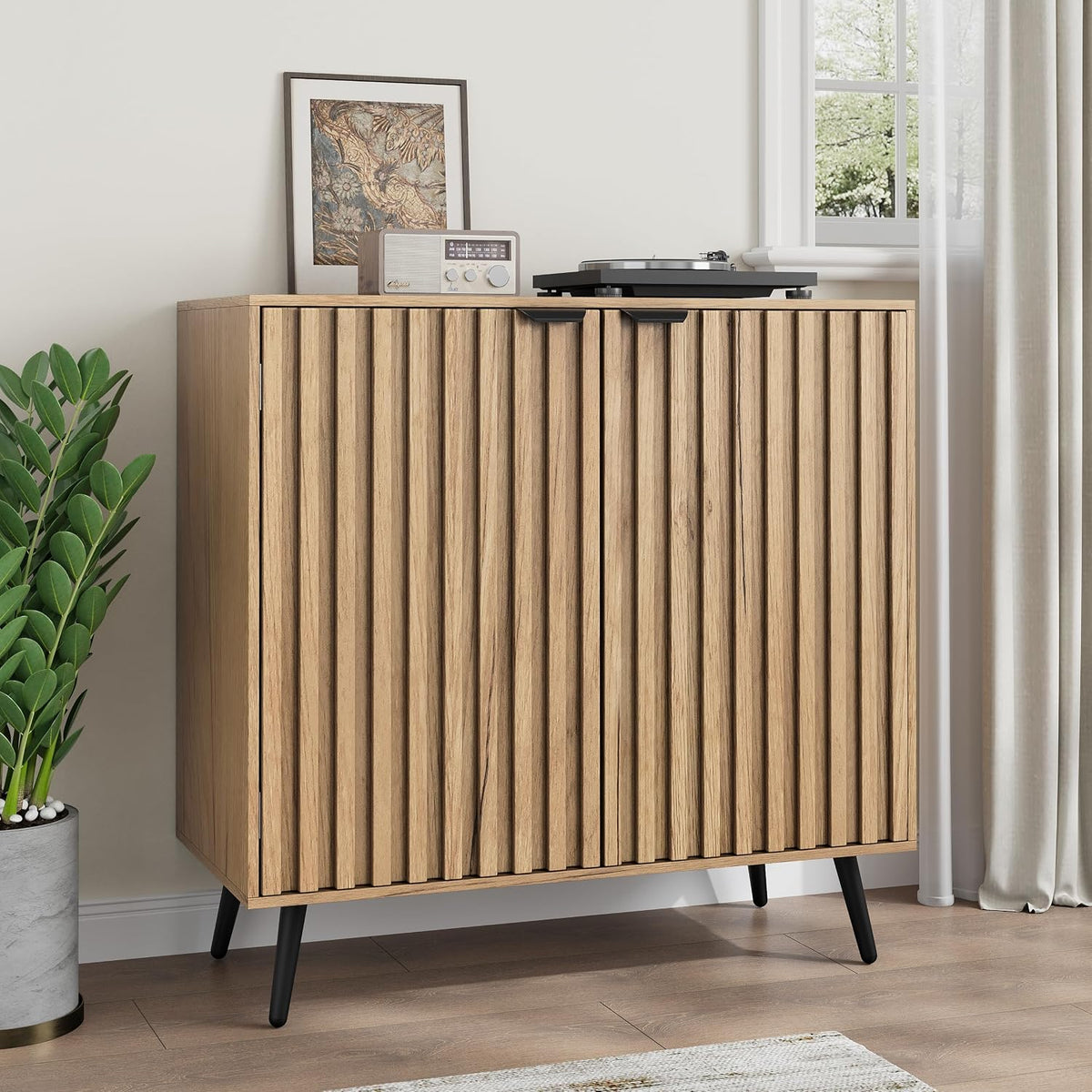 Smuxee Fluted Sideboard Cabinet, Freestanding Natural Buffet Cabinet with Adjustable Shelf, Wood Storage Cabinet for Living Room, Entryway, Hallway