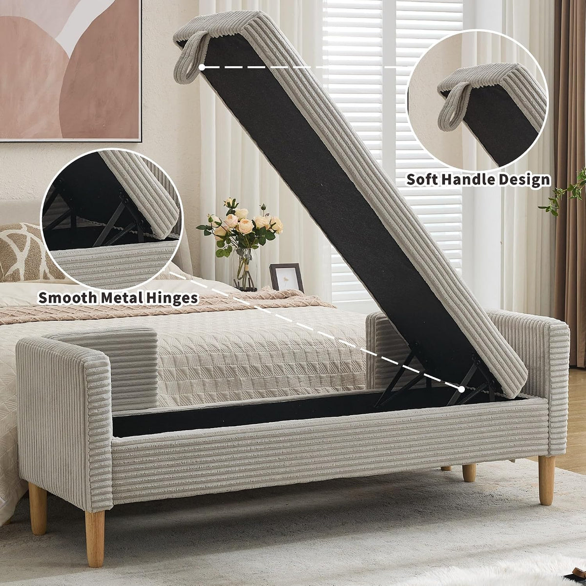 Chifee & Vingol 65.35" W Ottoman with Storage Bench for Bedroom End of Bed with Removable Pillows Upholstered Storage Ottoman Bench for Bedroom Living Room Hallway,Light Gray