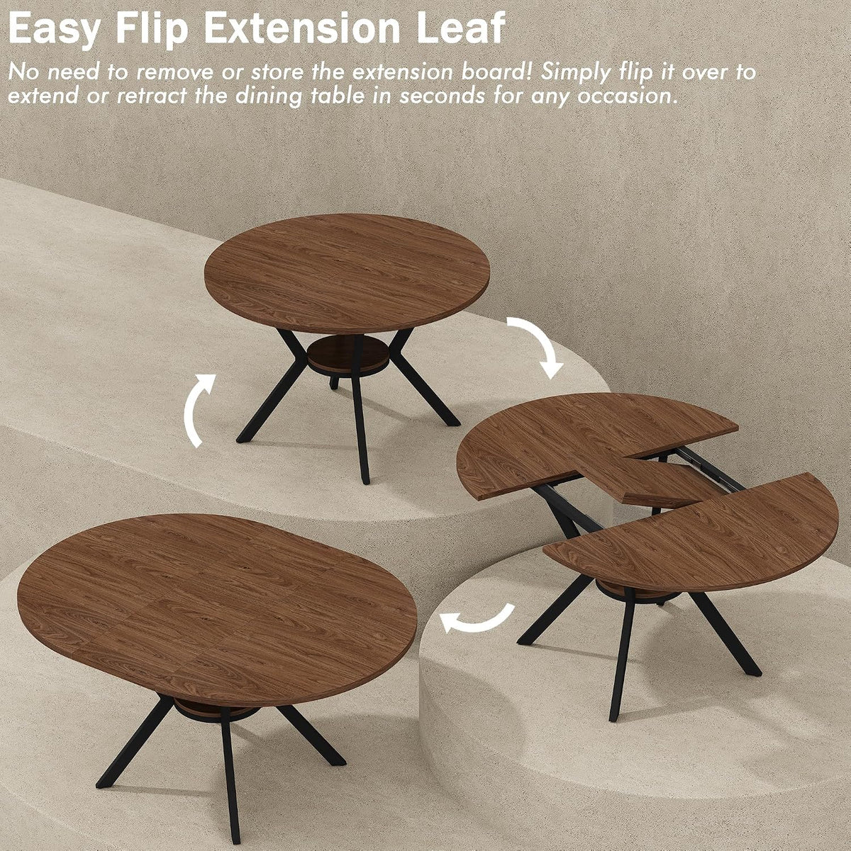 42"-58" Extendable Round Dining Table for 4-6, Kitchen Oval Table with Hidden Leaves & Storage Shelf, Space Saving Modern Design with Sturdy Metal Legs for Kitchen, Dining Room & Small Apartments