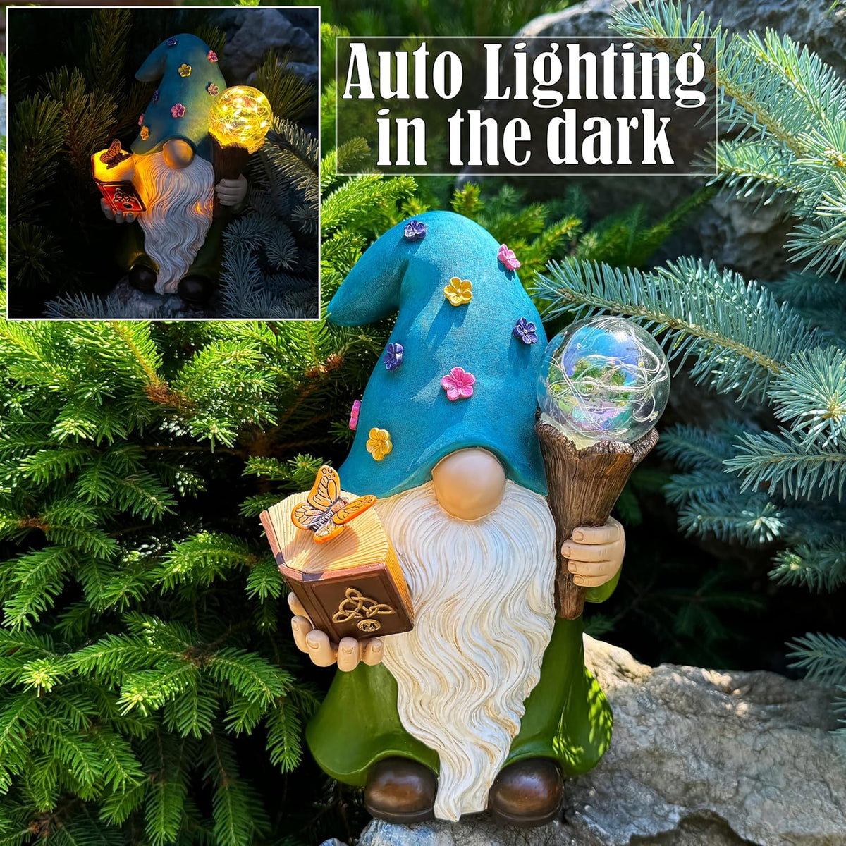 Garden Gnome - Solar Magician Gnome Figurine - 9.45 Inch Tall Decor Outdoor Lawn Statue with LED Lights