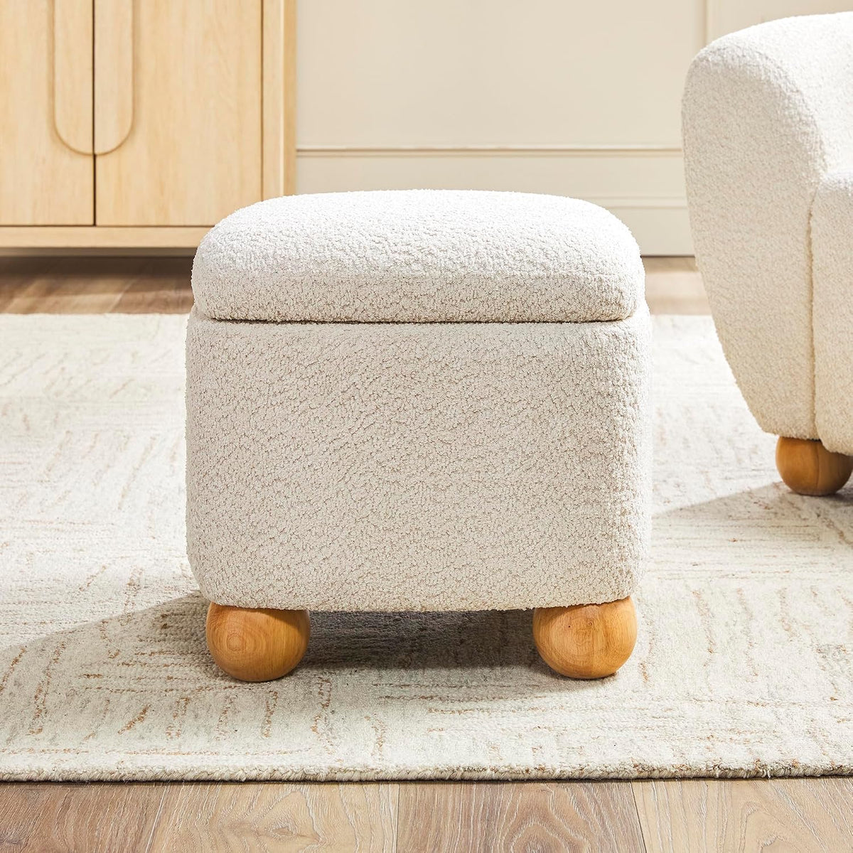Walker Edison Linley Contemporary Small Storage Bouclé Ottoman with Wood Legs, Ivory