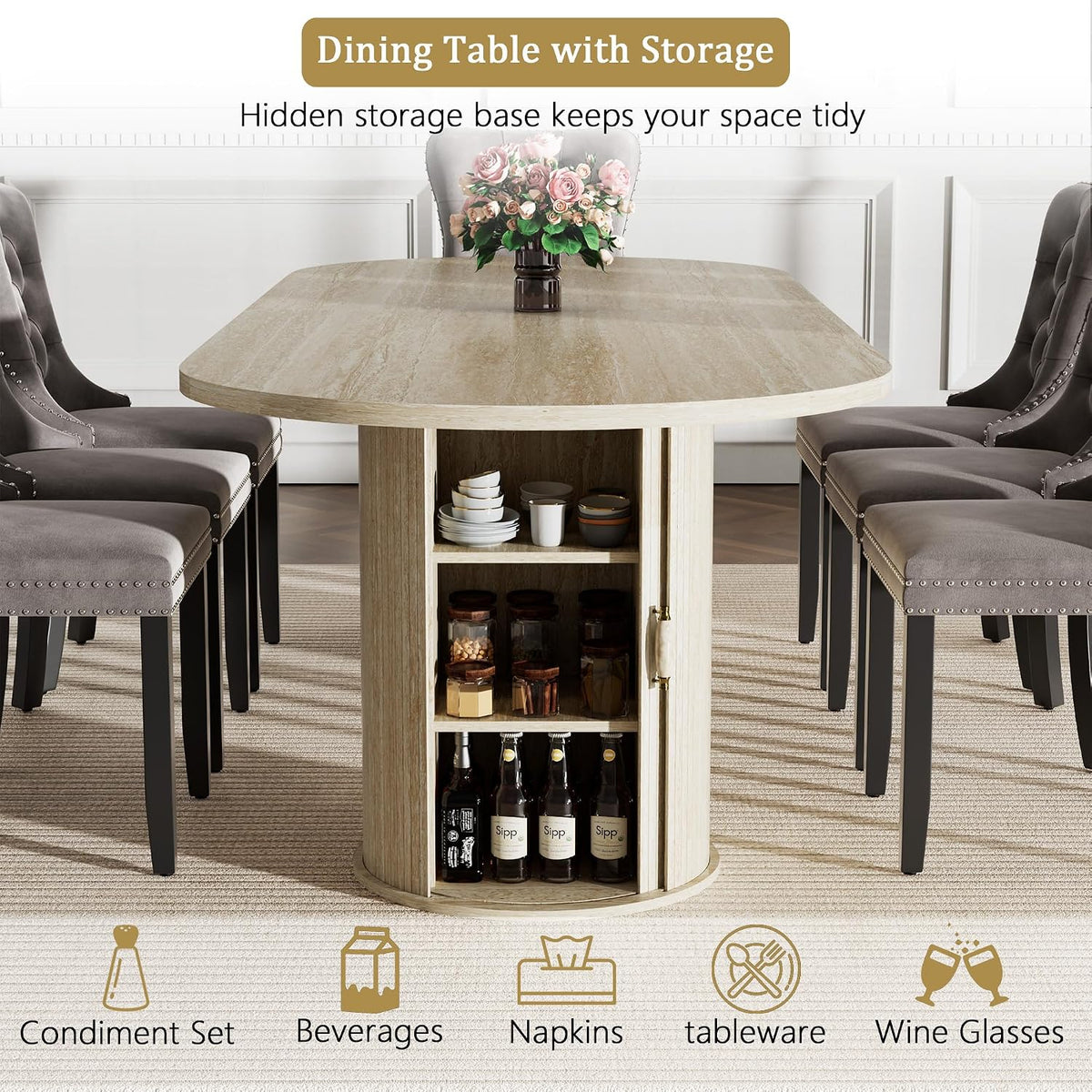 63"-94" Large Oval Extendable Dining Table for 6 8 10, Faux Travertine Expandable Kitchen Table with 2 Storage Base & Sliding Doors, Modern Farmhouse Dining Table for Dinner Party Family Gathering