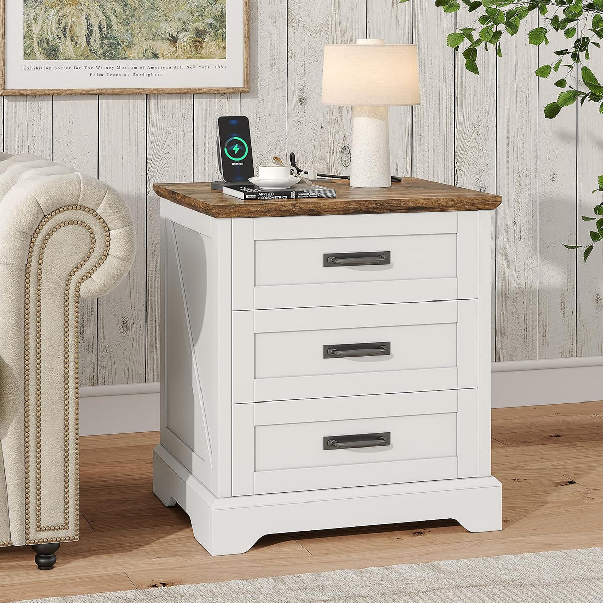 Whalefall 3 Drawers Farmhouse Nightstand with Charging Station, White | 22'' Wide Bedside Table for Bedroom, Large End Table with Storage for Living Room, Wooden Pedestal