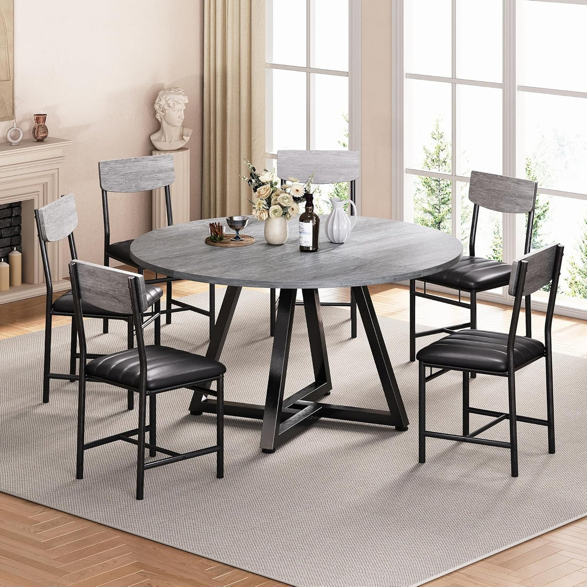 Round Dining Table Set for 6, Kitchen Table and Chairs for 6, Circle Table Round Pedestal Dining Room Dinner Dinette Table Set,7 Piece Space Saving Wood Kitchen & Dining Room Tables (Grey, 51In)