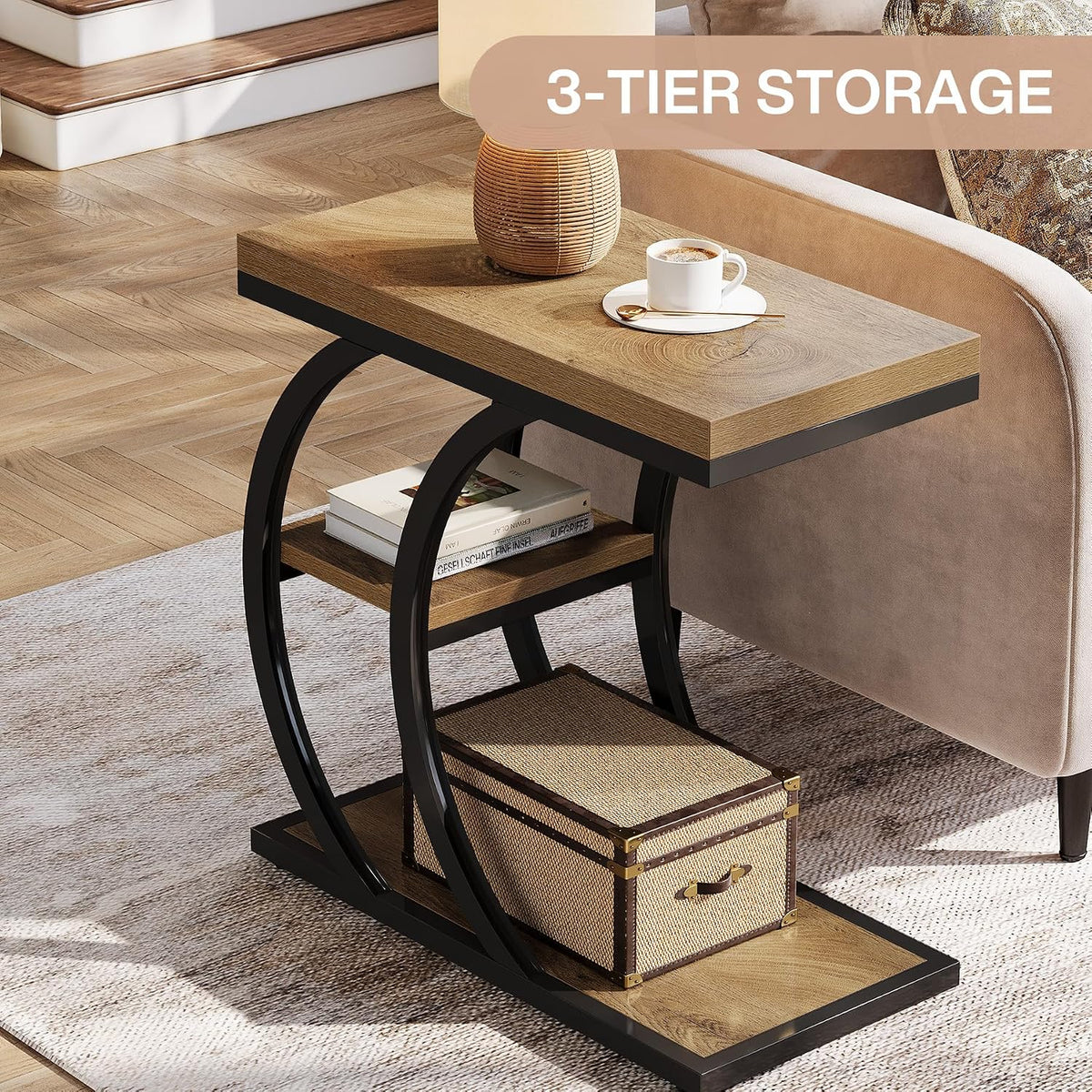 Tribesigns End Table for Living Room, 3-Tier Narrow Wood Couch C-Shaped Side Table with Storage, Industrial Nightstand for Bedroom, Small Spaces, Natural