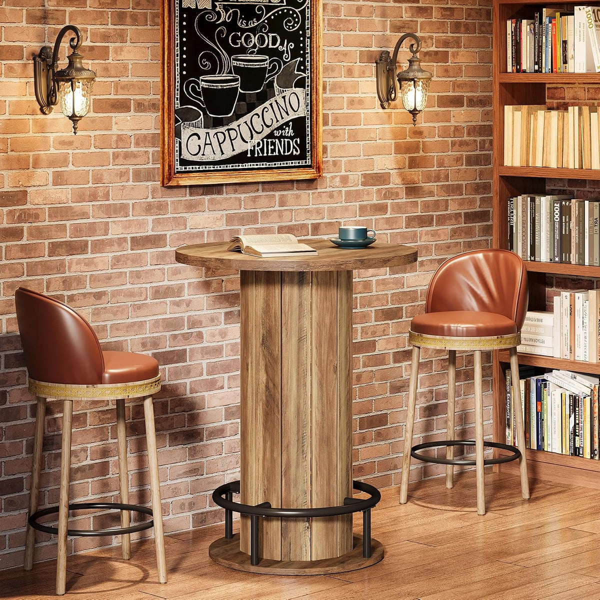 Tribesigns Round Dining Table, Bar Height Commercial Kitchen Table with Wood Strip Base and Footrest, for Dining Room, Restaurant, Cafe, Bakery, School, Apartment, Brown (Only Table)