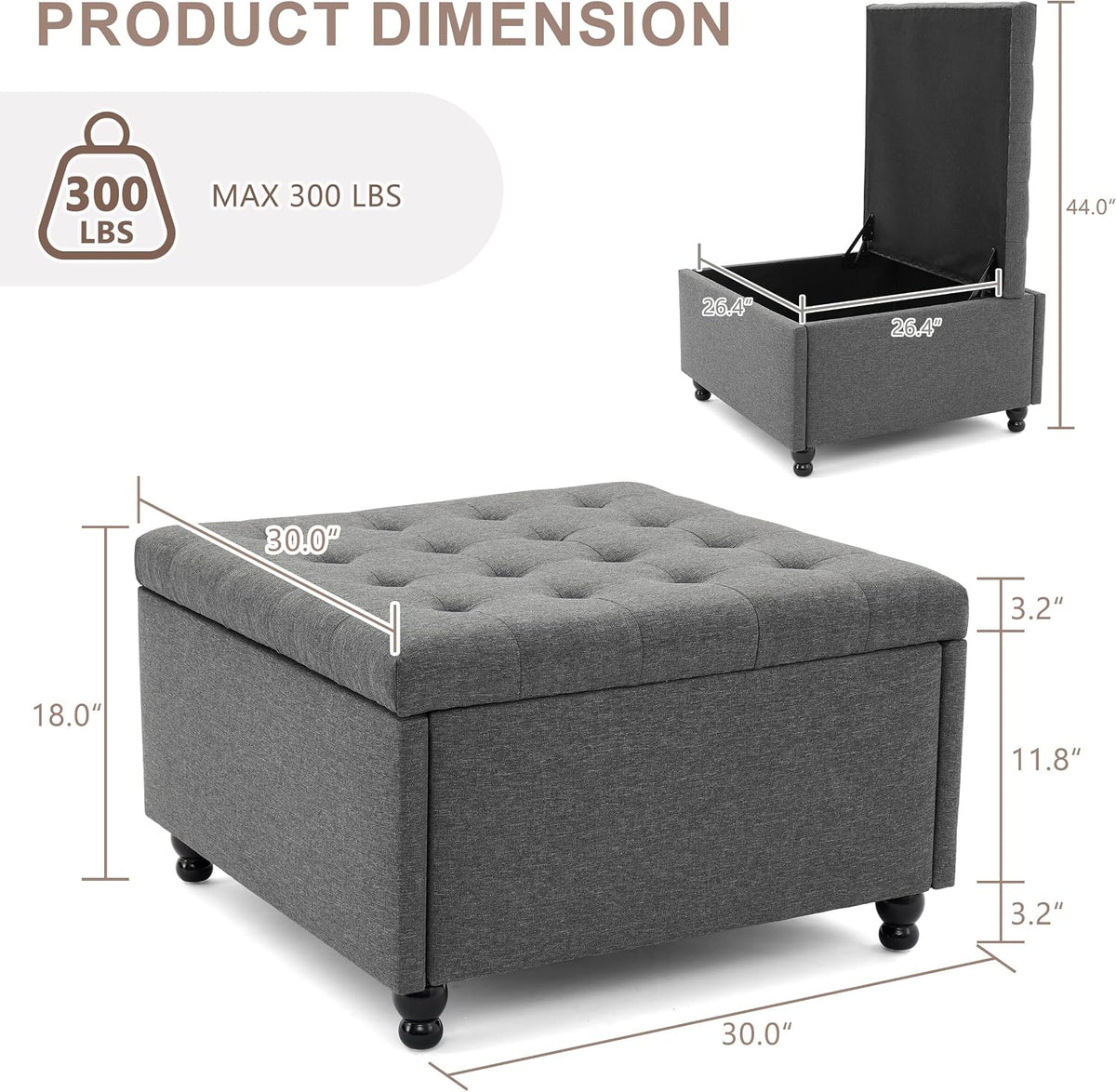 30" Large Square Ottoman with Storage, Fabric Ottoman Coffee Table, Grey | Tufted Upholstered Ottoman for Living Room, Oversized Square Storage Ottoman for Bedroom and Entryway, Solid Wood Frame