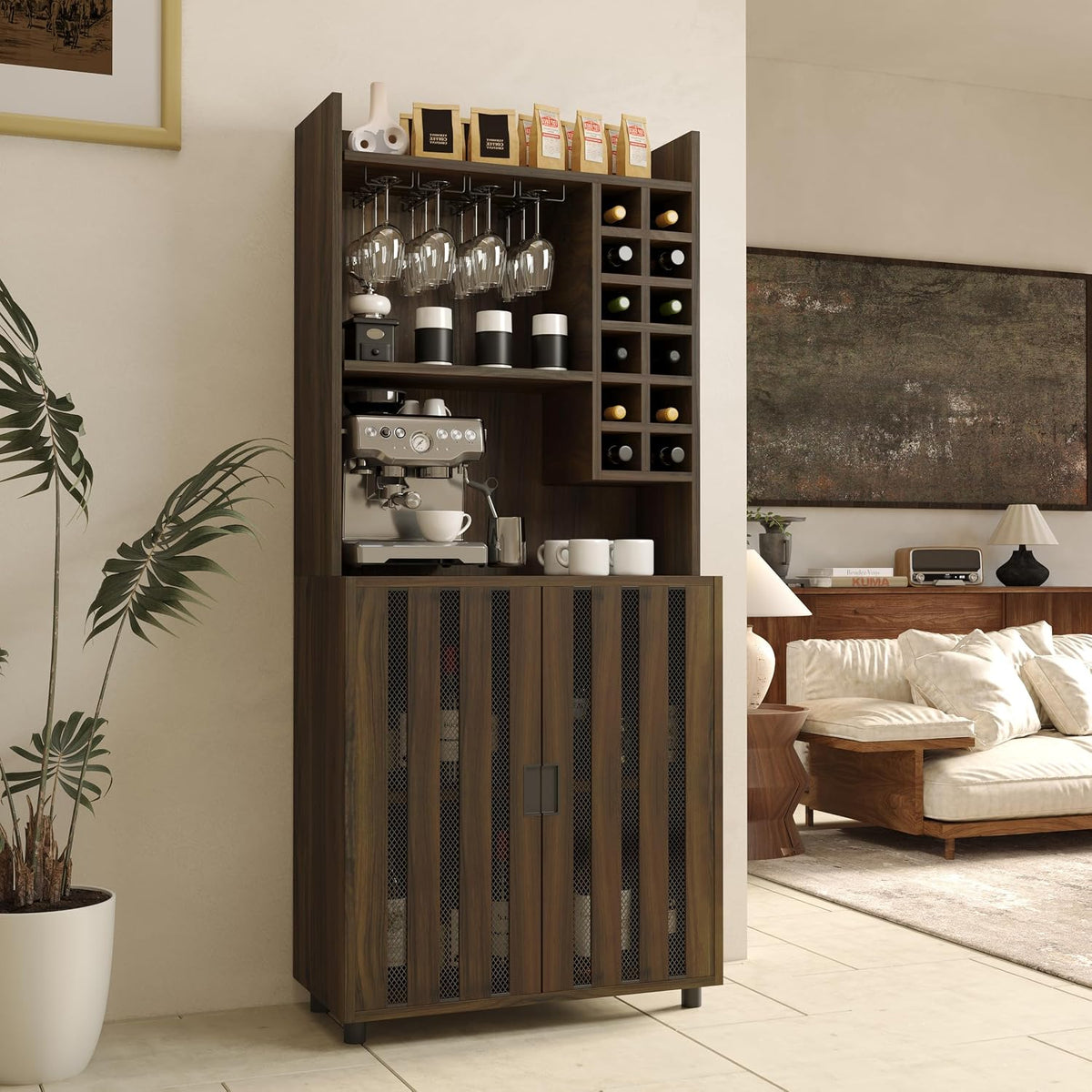 71" Kitchen Pantry Cabinet with 12 Wine Bottle Racks, Kitchen Hutch Food Pantry with Microwave Stand, Storage Cabinet with Doors and Shelves