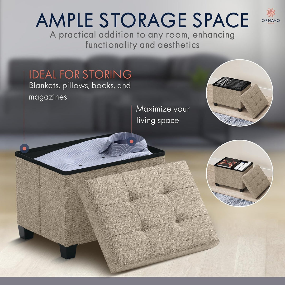 Ornavo Home Small Rectangle Storage Ottoman with Legs, 12x16x12, Tan/Taupe | Foot Rest Stool Seat; Holds Up to 600 lbs; Ideal for Living Room, Bedroom, Home Office or Dorm