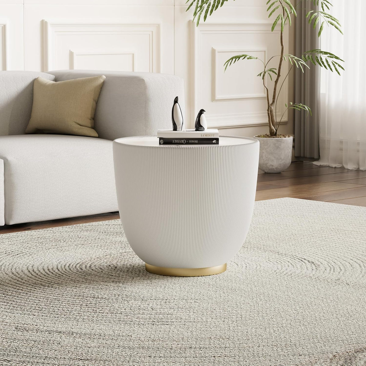Modern Round End Table, Elegant Bowl Shaped Accent Sofa Side Table with Sintered Stone Tabletop & Pleated Leatherette Details, Small Round End Tables for Living Room Bedroom Apartment Office, White