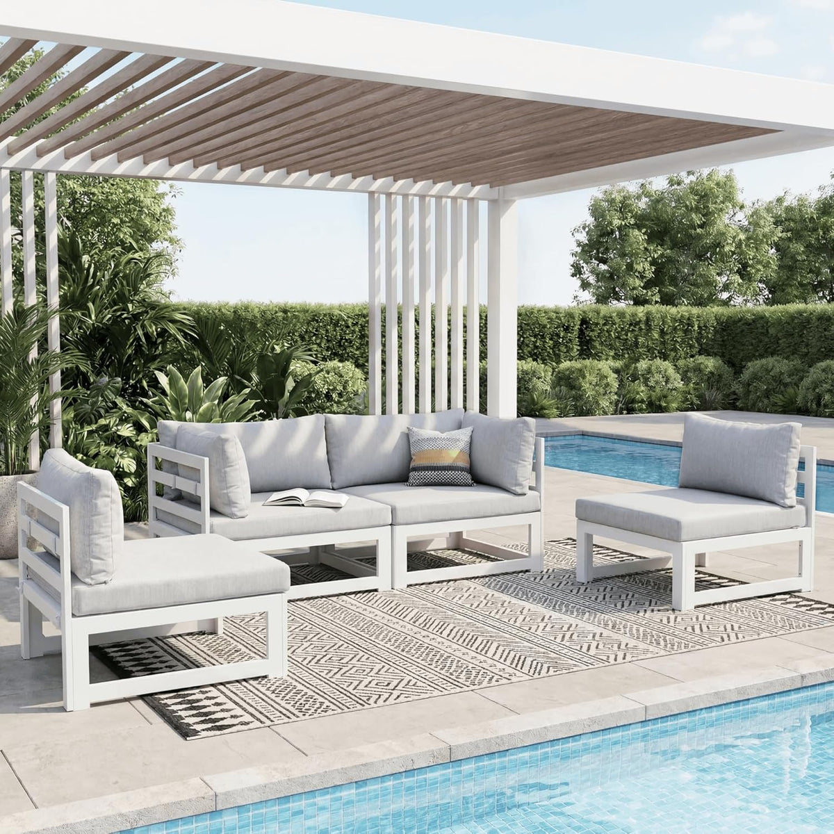 NICESOUL 4 Piece Patio Aluminum Furniture Set, 29" Oversized Wide Deep Seats Outdoor Sectional Sofa, 500 lbs Heavy Duty Modular Conversation Set for Balcony, Porch, Backyard and Poolside, Light Grey