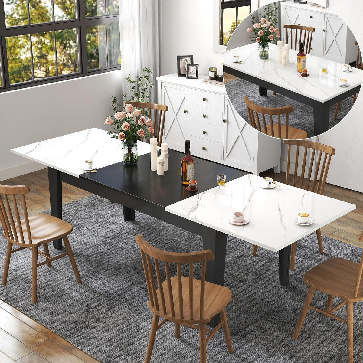 KEIKI 70.87”-106.3”L Extendable Dining Room Table for 6-10 People, Wood Modern Rustic Rectangle Expandable Kitchen Living Meeting Room Gatherings Furniture, 3 Tabletop Length Options, Marble White