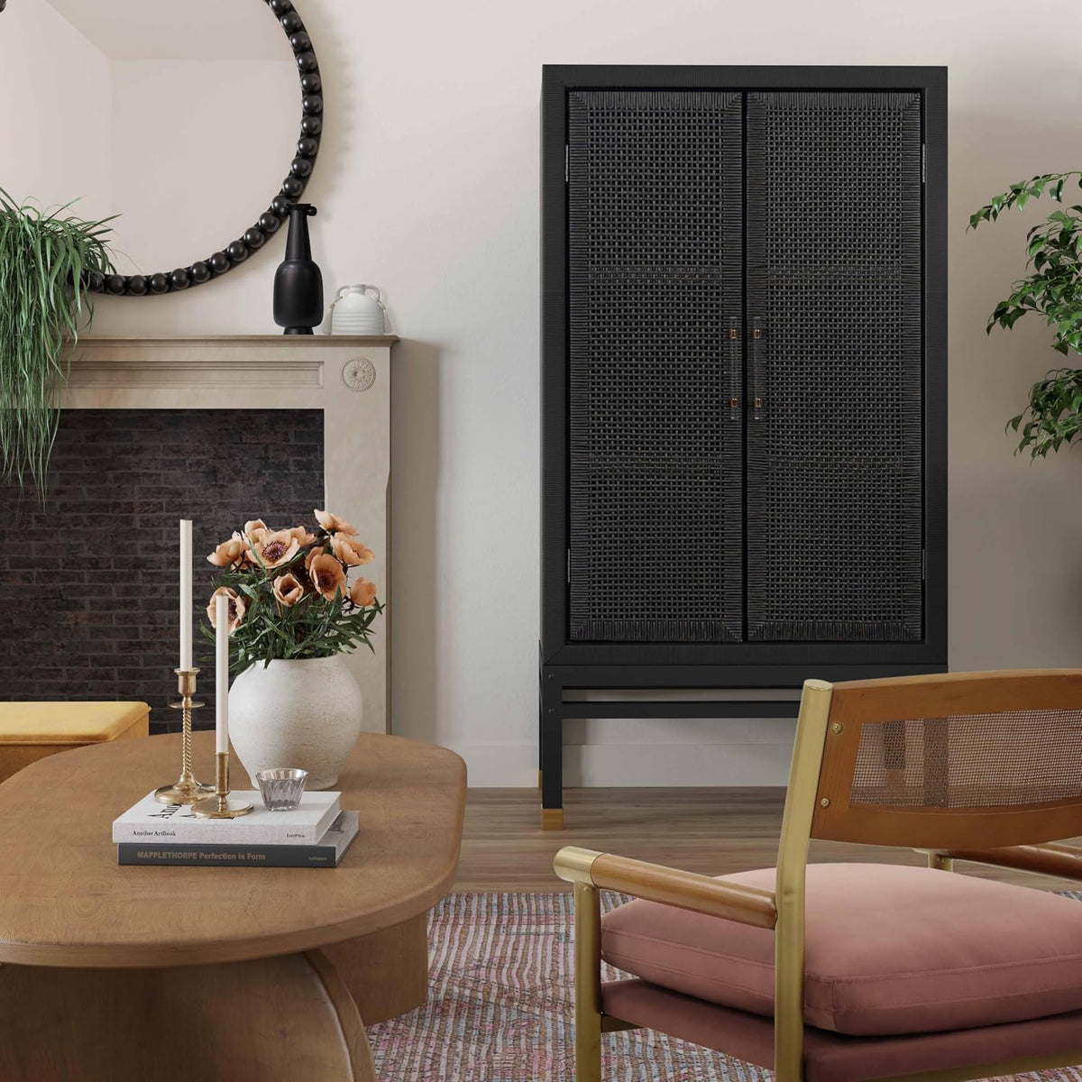 Tov Furniture Amara Charcoal Woven Rattan Wall Cabinet