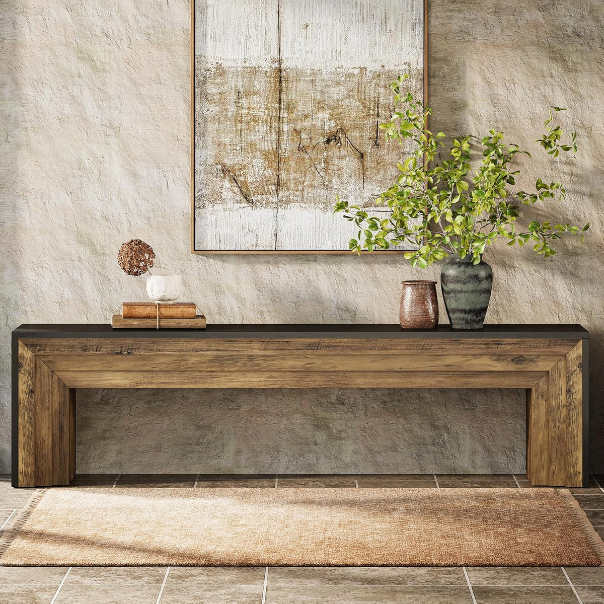 Tribesigns 71" Extra Long Rustic Entryway Bench, Modern Farmhouse Shoe Bench Wooden Indoor Seating with Layered Design for Hallway, End of Bed, Living Room, Dining Room, Black & Brown