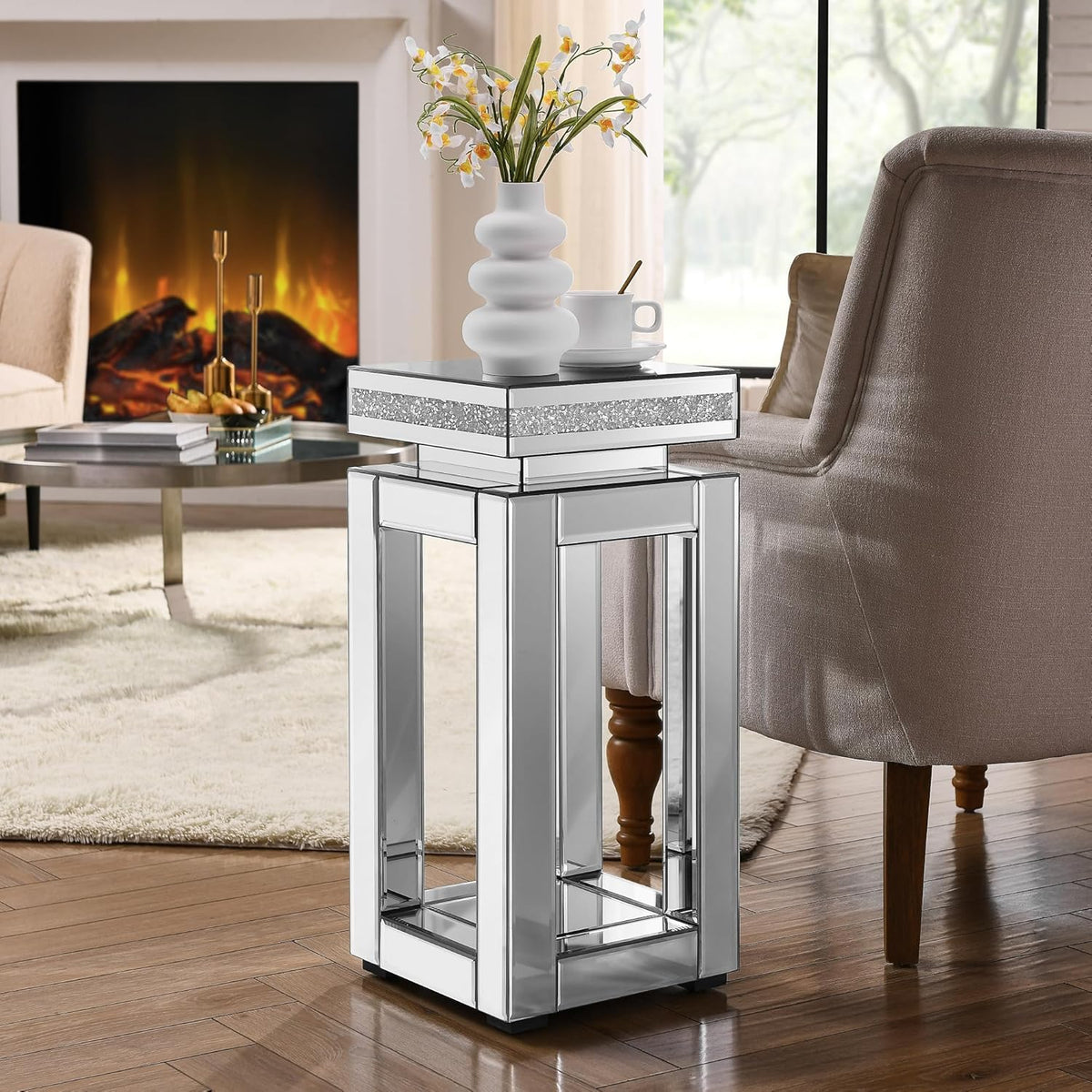 Silver Mirrored Side Table with Crystal Inlay for Small Spaces, Luxury Modern Small Mirrored Bedside Table Nightstand End Table for Living Room Bedroom Home Office (C)