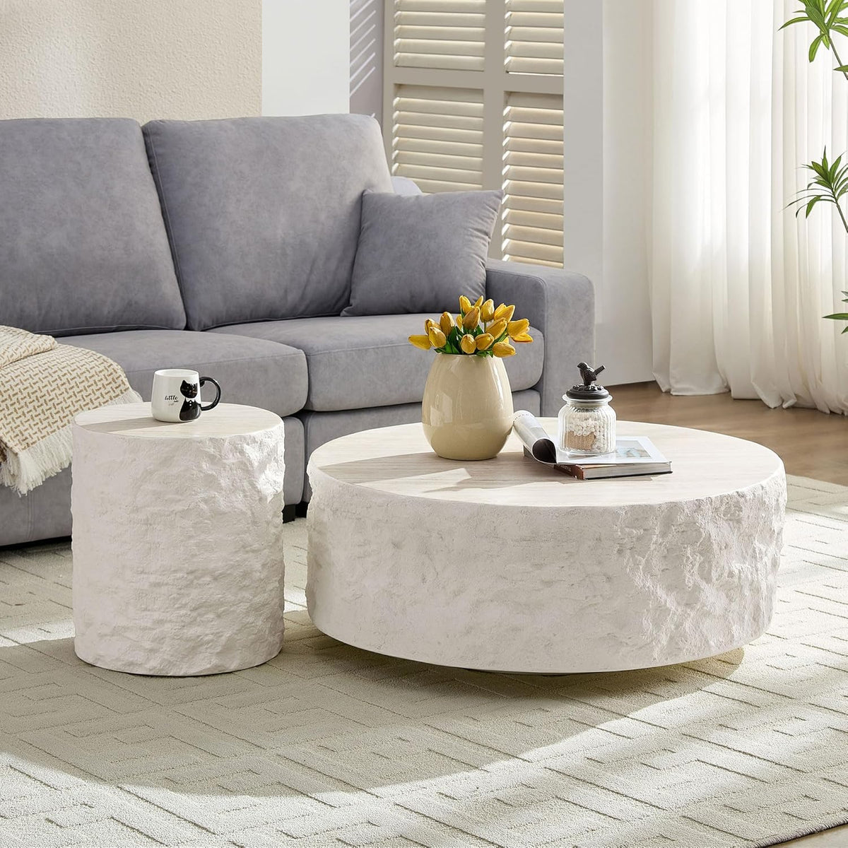 WILLIAMSPACE 15.75" Round End Table Side Table with Cement Stone Pattern for Living Room, Modern Circle Fiberglass Small Coffee Sofa Table, No Need Assembly (Beige)