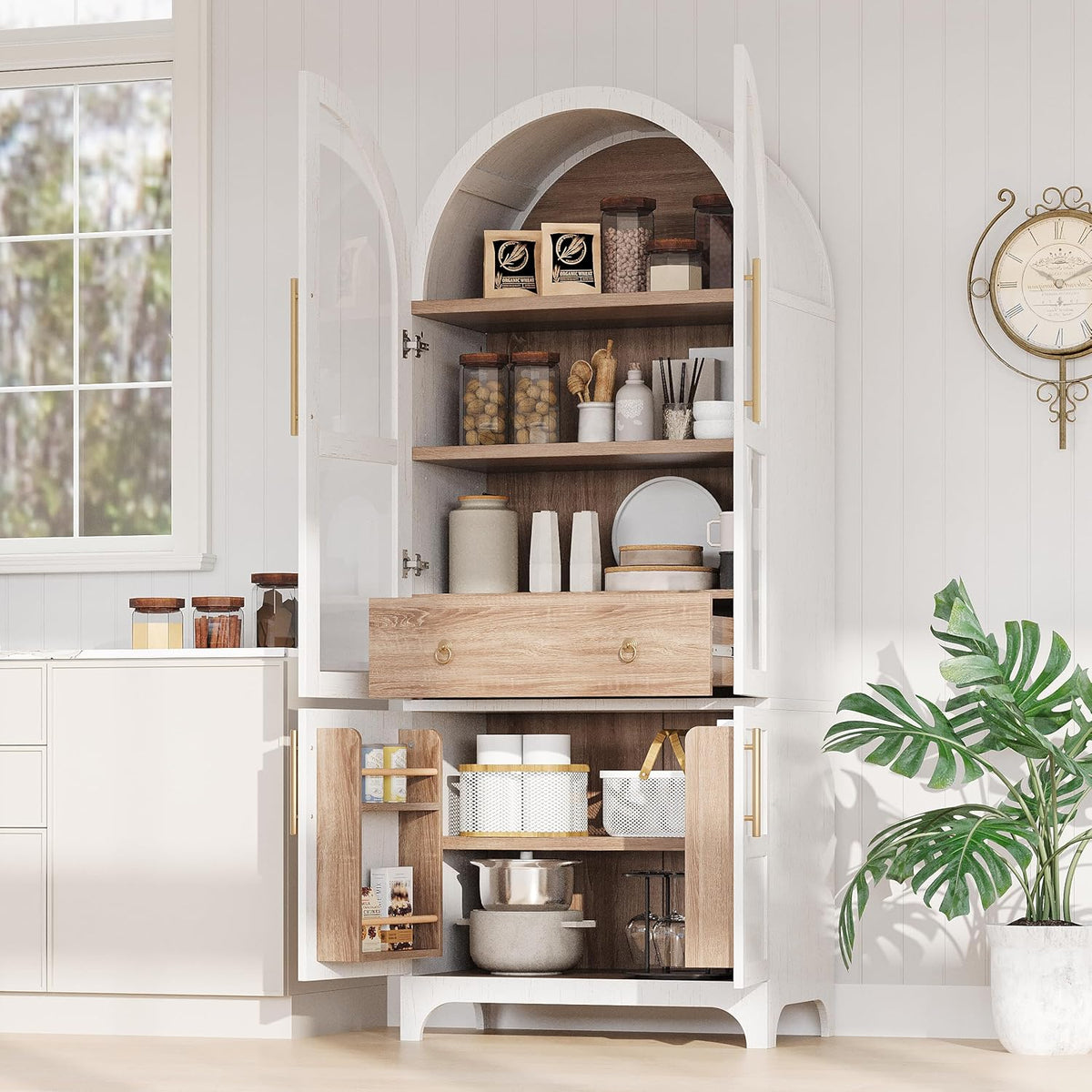 71" Tall Arched Farmhouse Pantry Cabinet with Adjustable Shelves & Glass Door, Spacious Storage Cabinet with Hidden Drawer & Door Racks for Kitchen, Dining Room, Living Room(White)