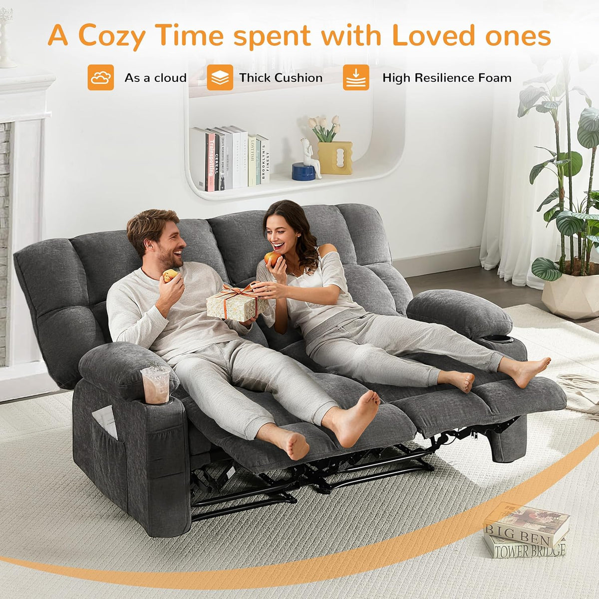 Oversized Loveseat Recliner Sofa, Double Recliner, Big Large Reclining Sofa with Cup Holders & Side Pockets, Traditional 2-Seater Manual Recliner Couch for Living Room, RV, Home Theater (Fabric,Grey)