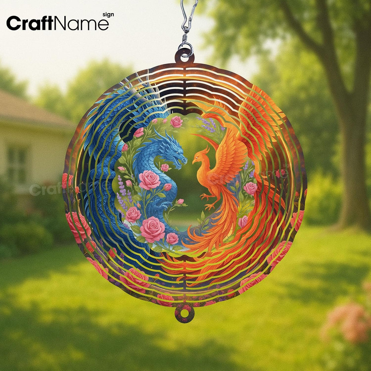 Personalized Dragon & Phoenix Wind Spinner 3D Stainless Steel, Dragon Garden Spinner Hanging Outdoor Decor, Wind Spinners Outdoor, Custom Gift for Grandmother, Mom, Wife