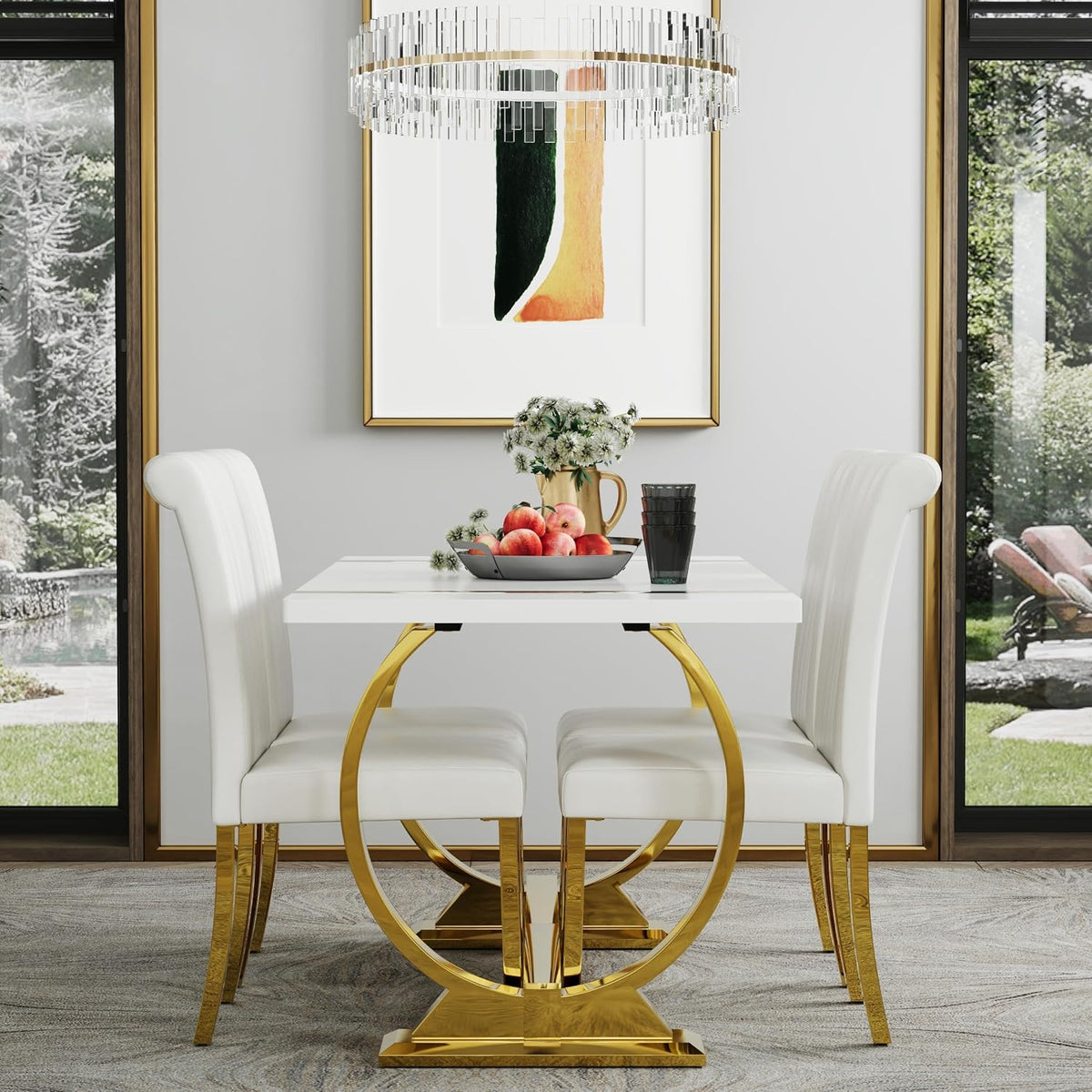 ACEDÉCOR Dining Table Set for 4, 5-Piece White and Gold Dining Set with 4 Faux Leather Dining Chairs, Modern Luxury Dining Room Table Set with Stainless Steel U-Shaped Base