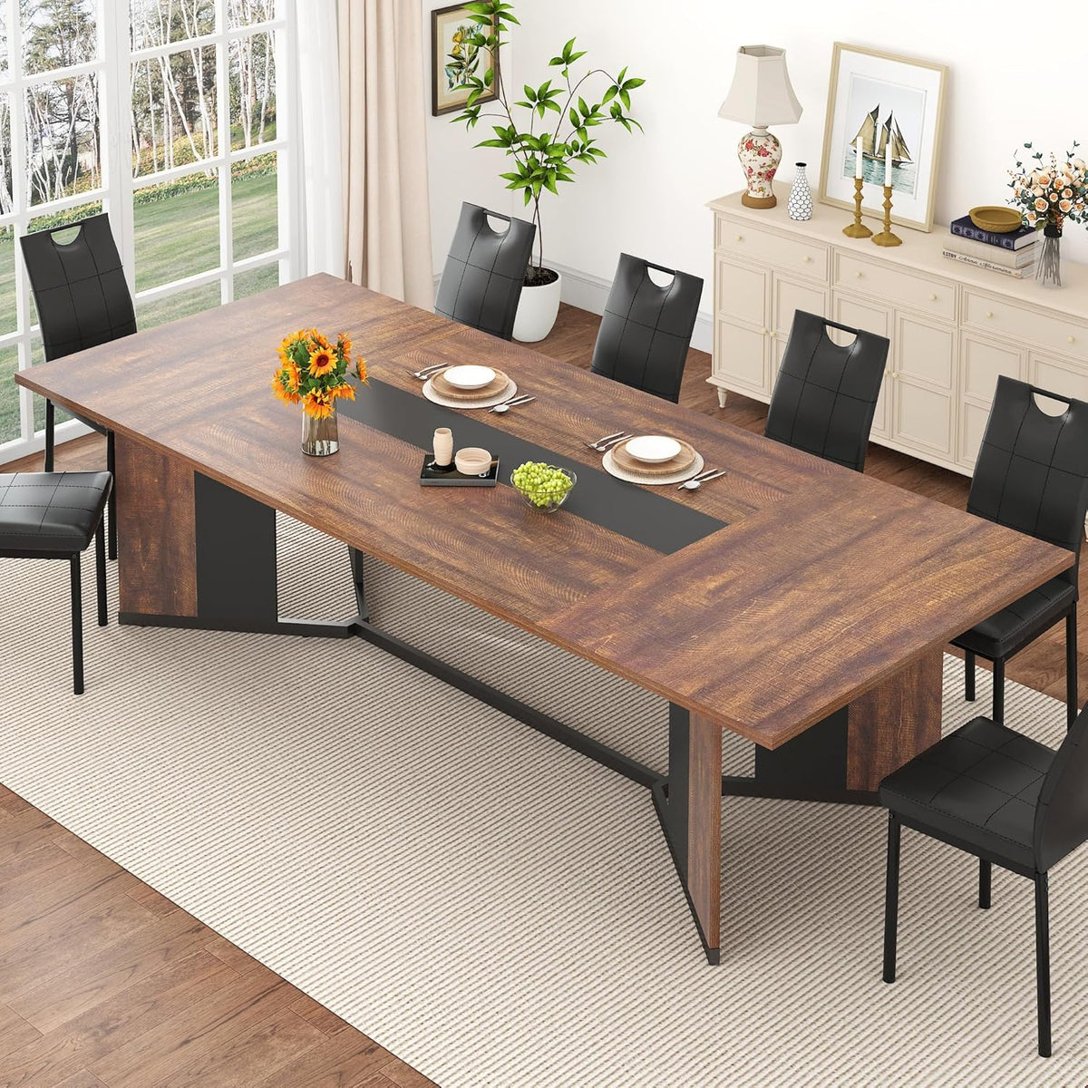 chartustriable Dining Table for 8-10 People,94" Large Modern Kitchen Table W/Built-in Table Runner Design,Brown&Black Industrial Rectangular Dinner Table,Waterproof Wood Table Sturdy Base,280lbs Load