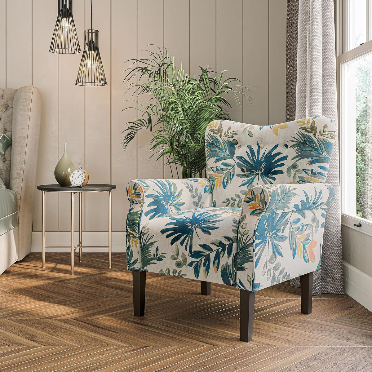 BELLEZE Modern Accent Chair, High Back Armchair, Upholstered Wingback Side Chair, Padded Single Sofa with Wooden Legs for Living Room, Bedroom - Green Blue Floral