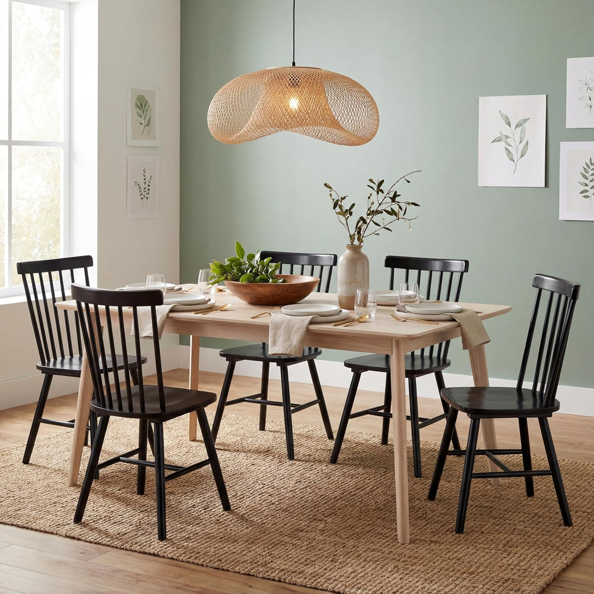 PrimeZone Windsor Dining Chairs Set of 6 - Solid Rubber Wood Farmhouse Kitchen Chair with Spindle Back, Mid-Century Modern Side Dining Chair for Dining Room, Kitchen & Restaurant, Black