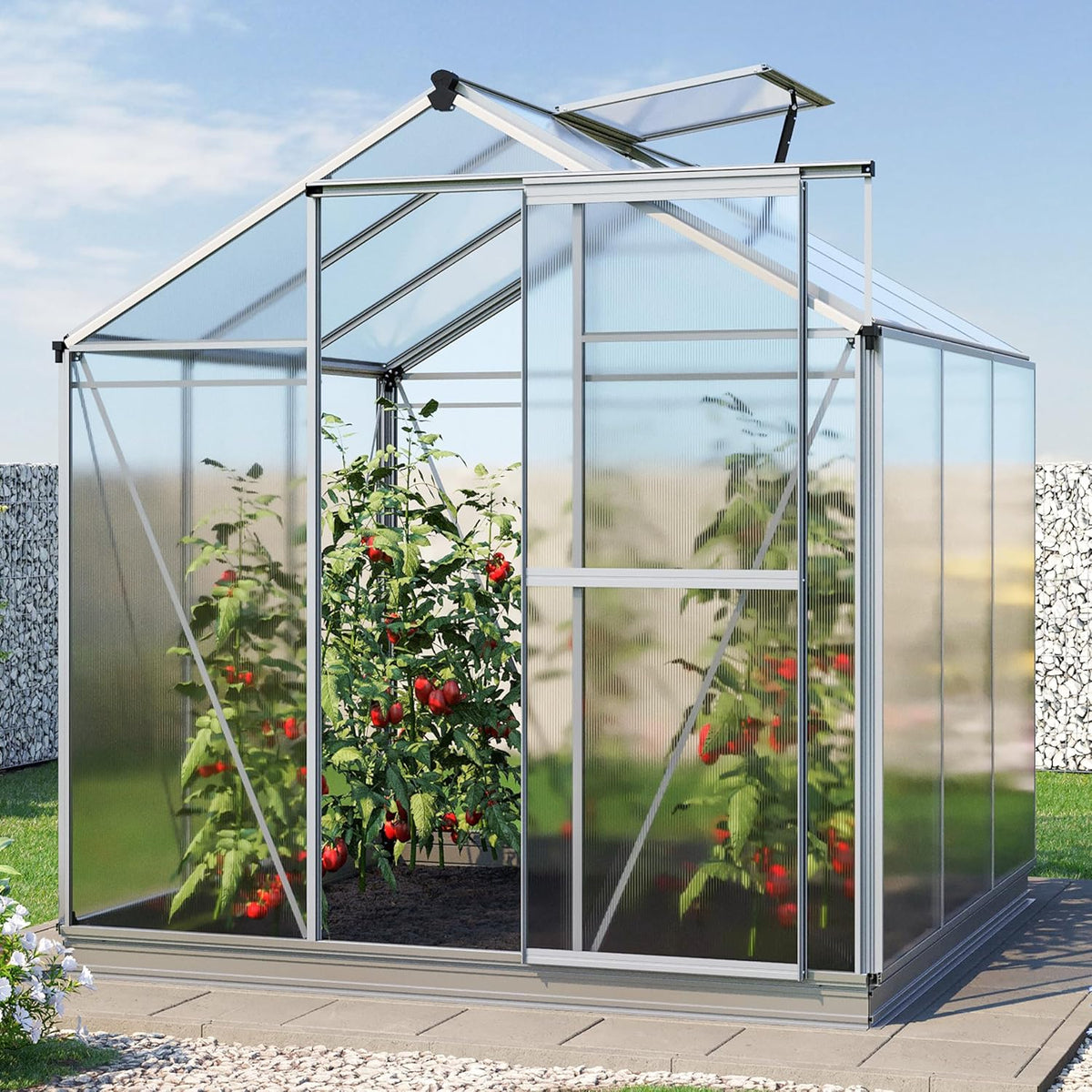 Greenhouse Jasmin 3 Aluminum Frame - 6.3 x 6.3 ft Approx. 6 mm Polycarbonate Panels - Bonus Base Frame and Automatic Vent Opener